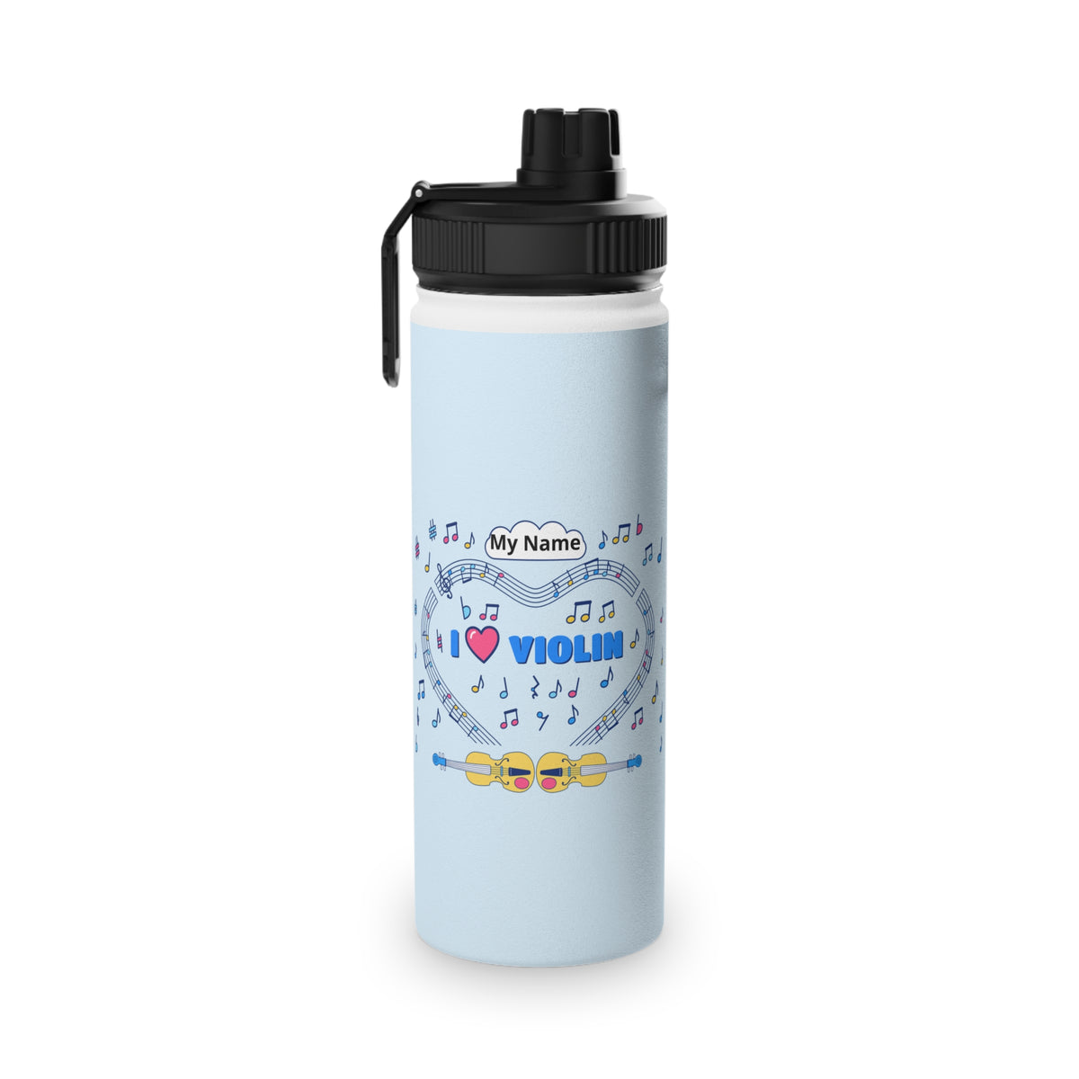 Music-themed Stainless Steel Water Bottle, Sports Lid: 'I love violin' - blue