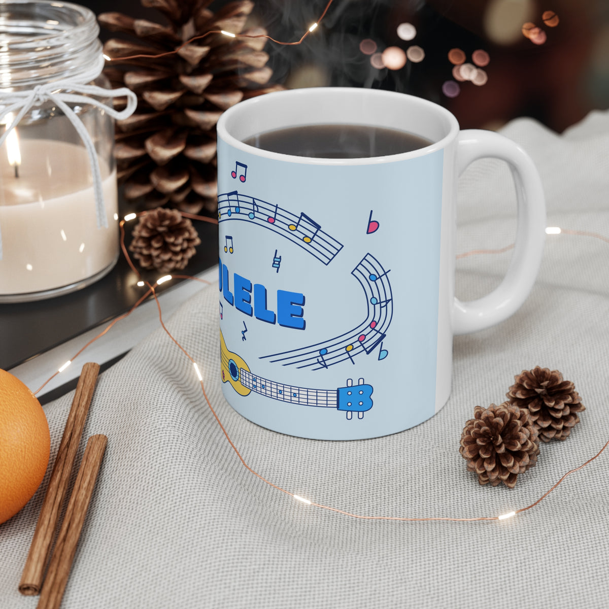 Music-themed Ceramic Mug, 11oz, 15oz: 'I love ukulele' - blue