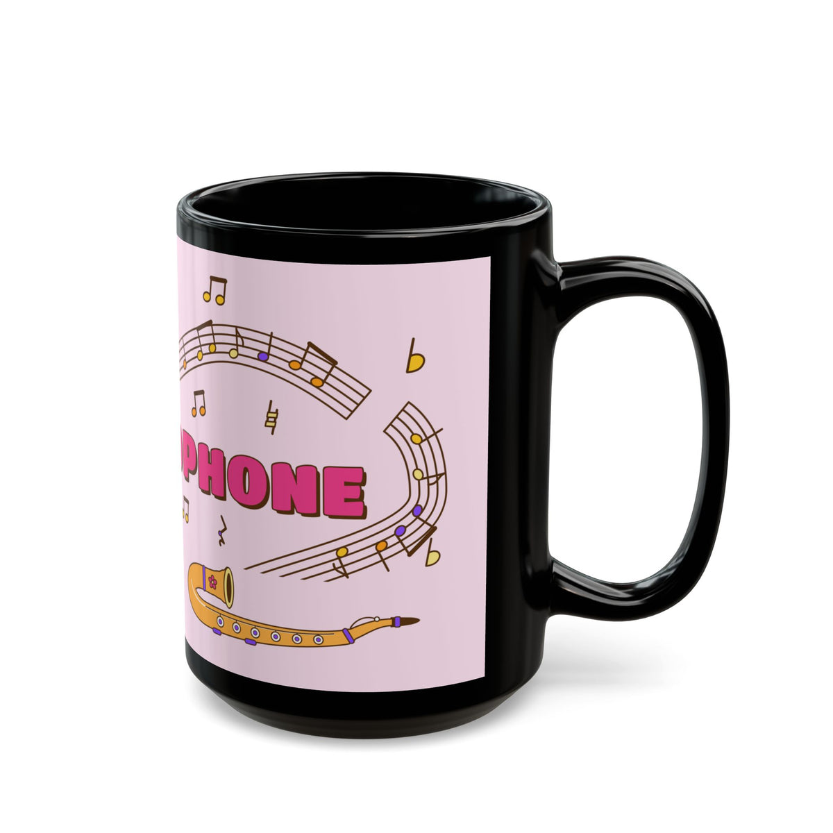 Music-themed Black Mug (11oz, 15oz): 'I love saxophone' - pink