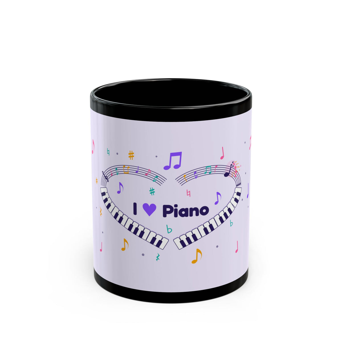 Music-themed Black Mug (11oz, 15oz): 'I love piano' heart - violet