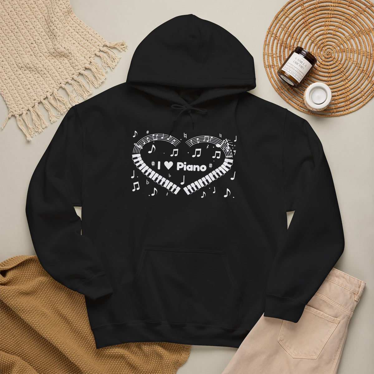 Music-themed Unisex Heavy Blend Hooded Sweatshirt: 'I love piano' heart - black & white