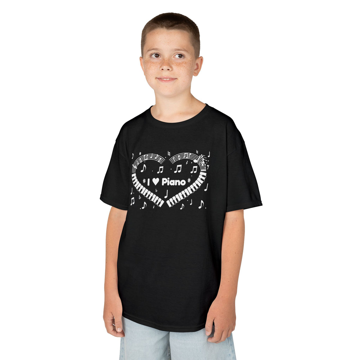 Music-themed Kids Heavy Cotton Tee: 'I love piano' heart - black & white