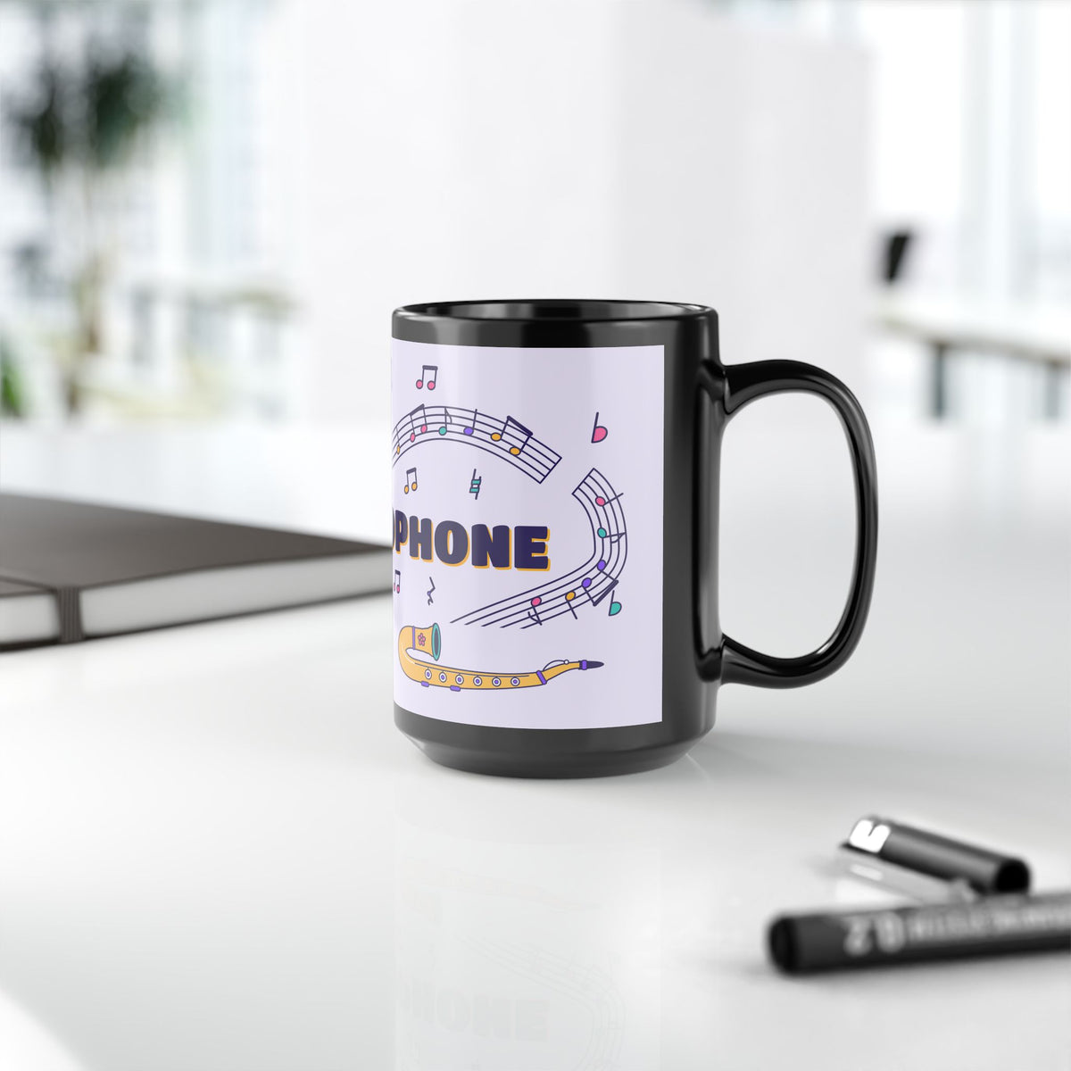 Music-themed Black Mug (11oz, 15oz): 'I love saxophone' - violet