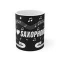 Music-themed Ceramic Mug, 11oz, 15oz: 'I love saxophone' - black & white
