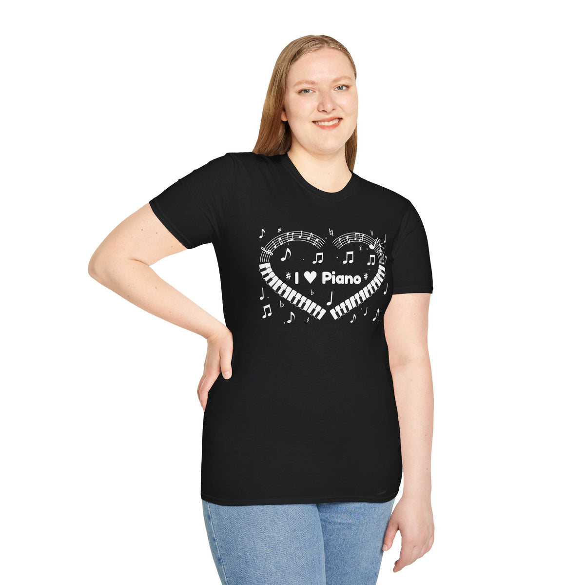 Music-themed Unisex Softstyle T-Shirt: 'I love piano' heart - black & white