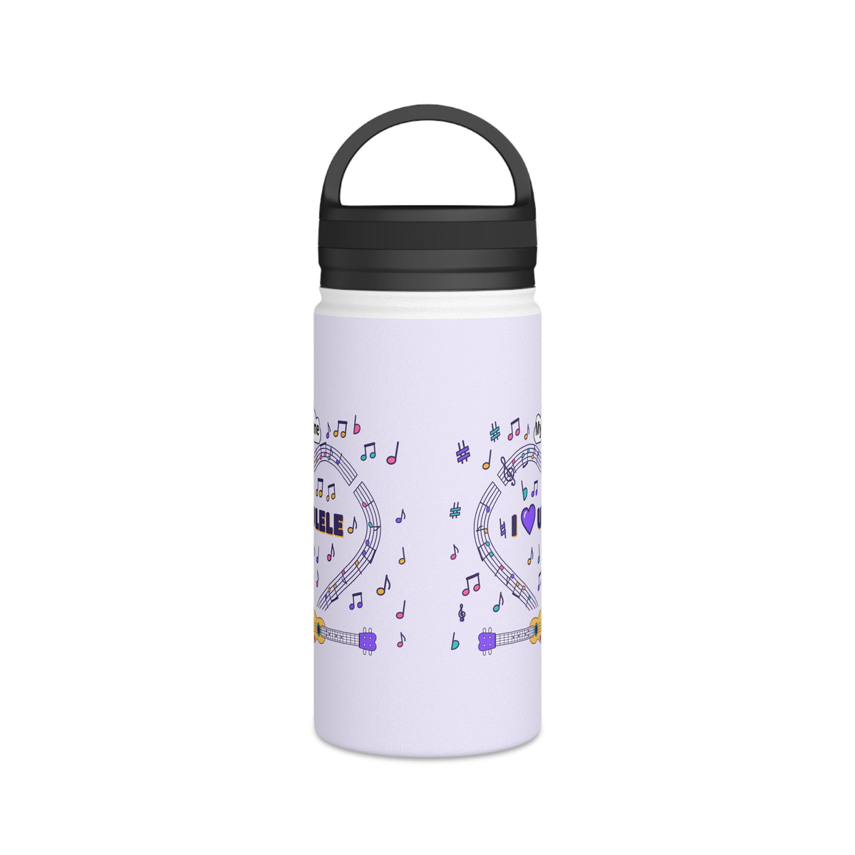 Music-themed Stainless Steel Water Bottle, Handle Lid: 'I love ukulele' - violet