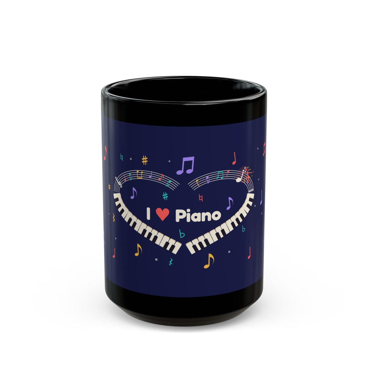 Music-themed Black Mug (11oz, 15oz): 'I love piano' heart - navy