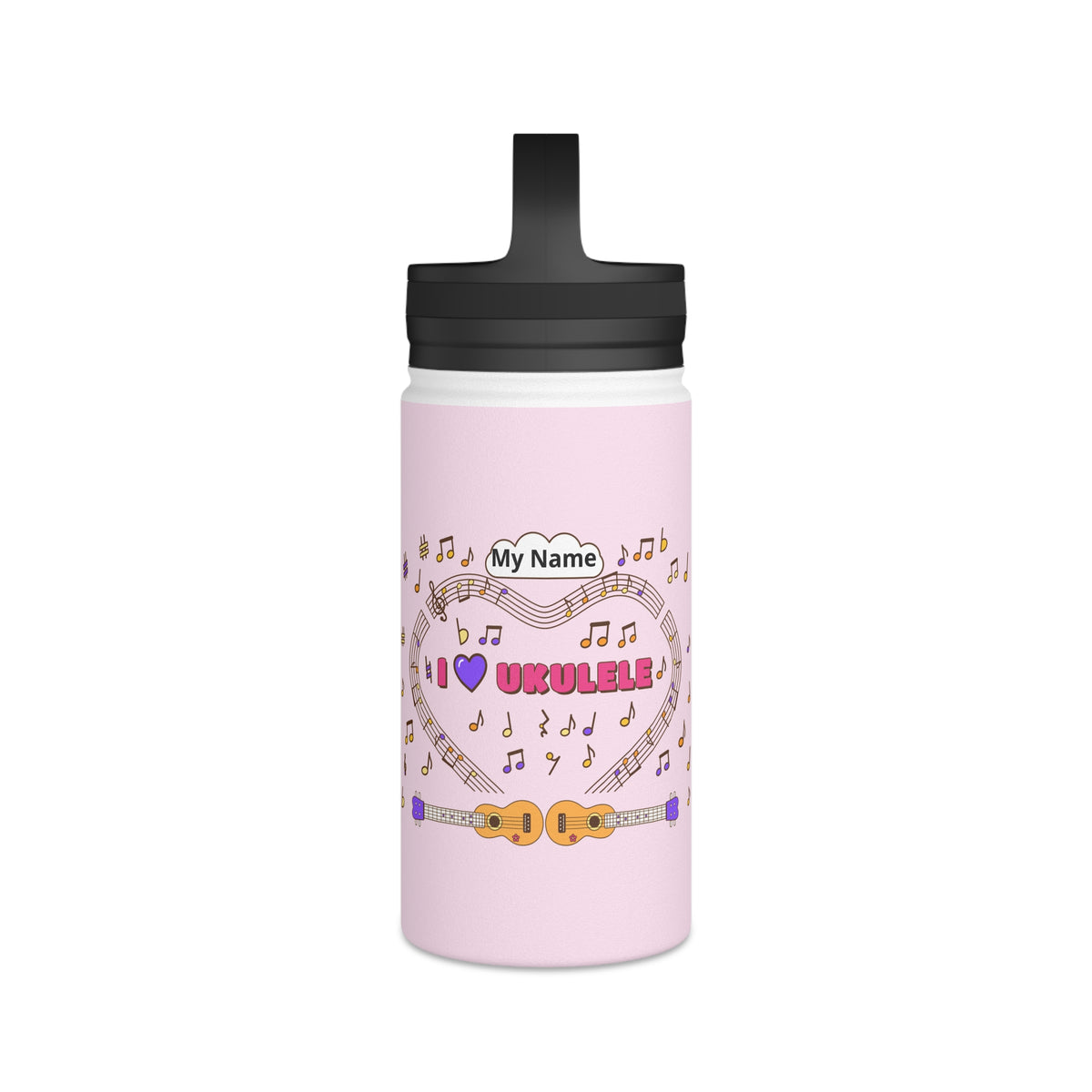 Music-themed Stainless Steel Water Bottle, Handle Lid: 'I love ukulele' - pink
