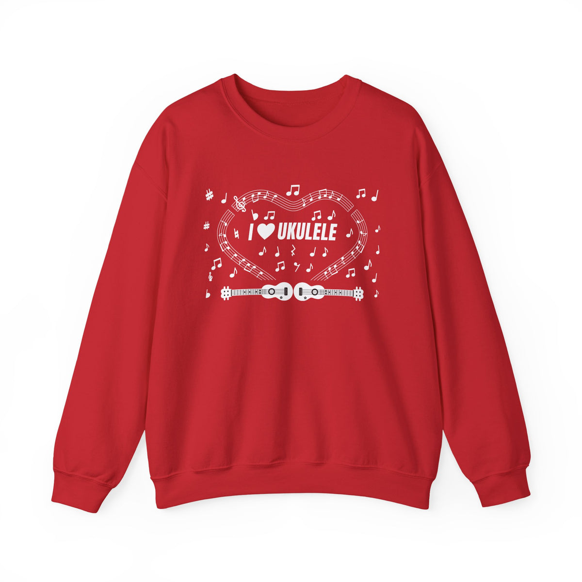 Music-themed Unisex Heavy Blend Crewneck Sweatshirt: 'I love ukulele' - black & white