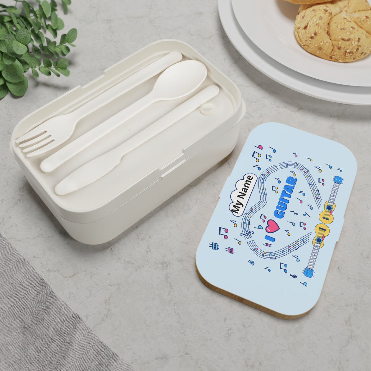 Music-themed Bento Lunch Box: 'I love guitar' - blue