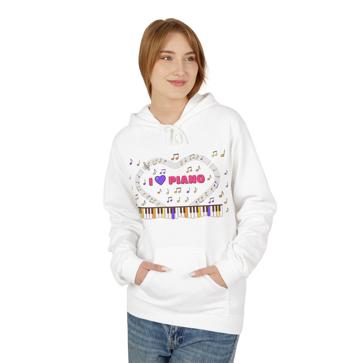 Music-themed Unisex Midweight Softstyle Fleece Hoodie: 'I love piano' - pink