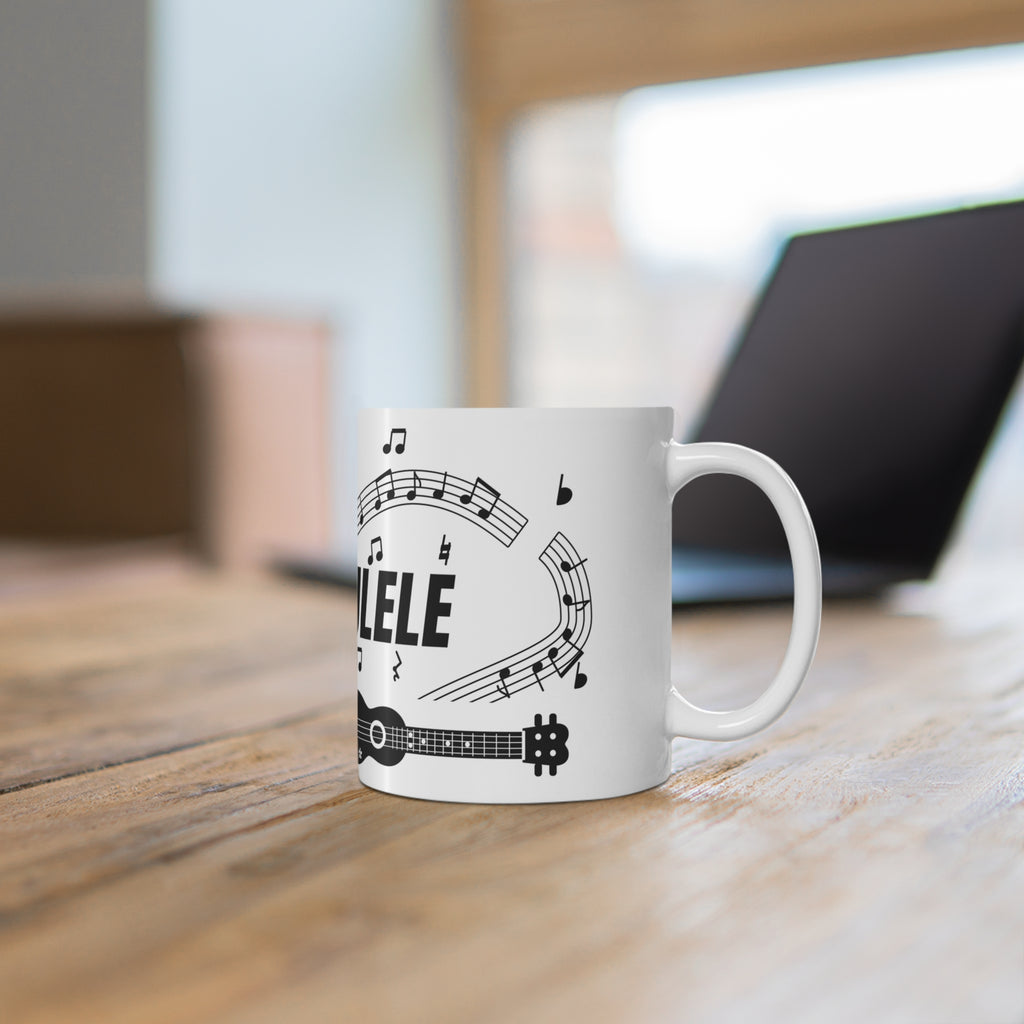 Music-themed Ceramic Mug, 11oz, 15oz: 'I love ukulele' - black on white