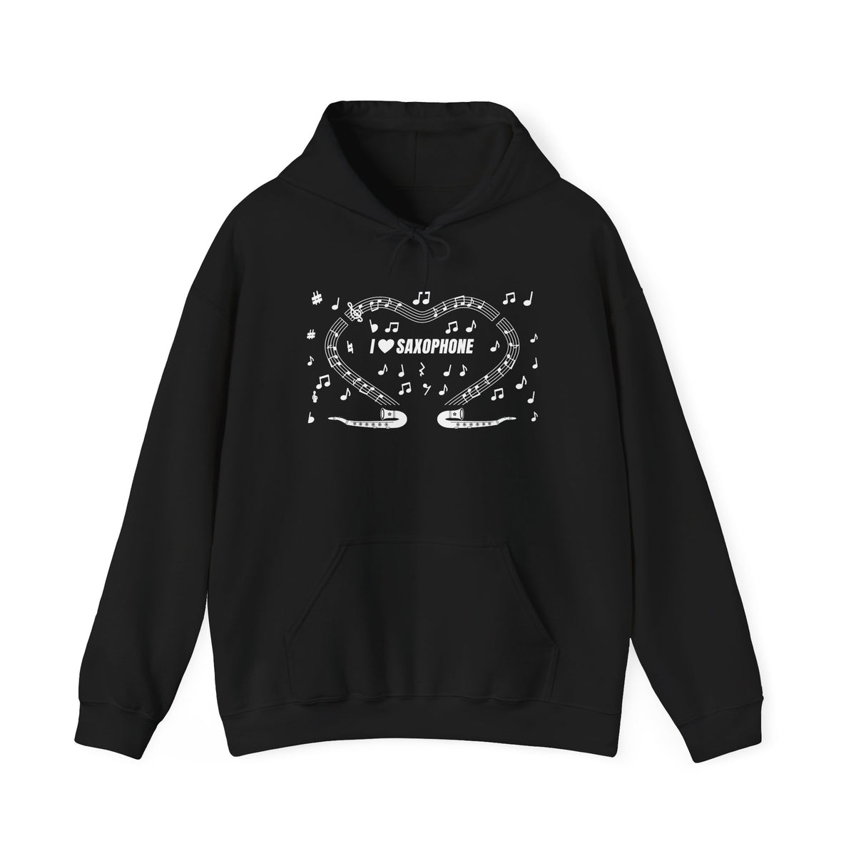 Music-themed Unisex Heavy Blend Hooded Sweatshirt: 'I love saxophone' - black & white