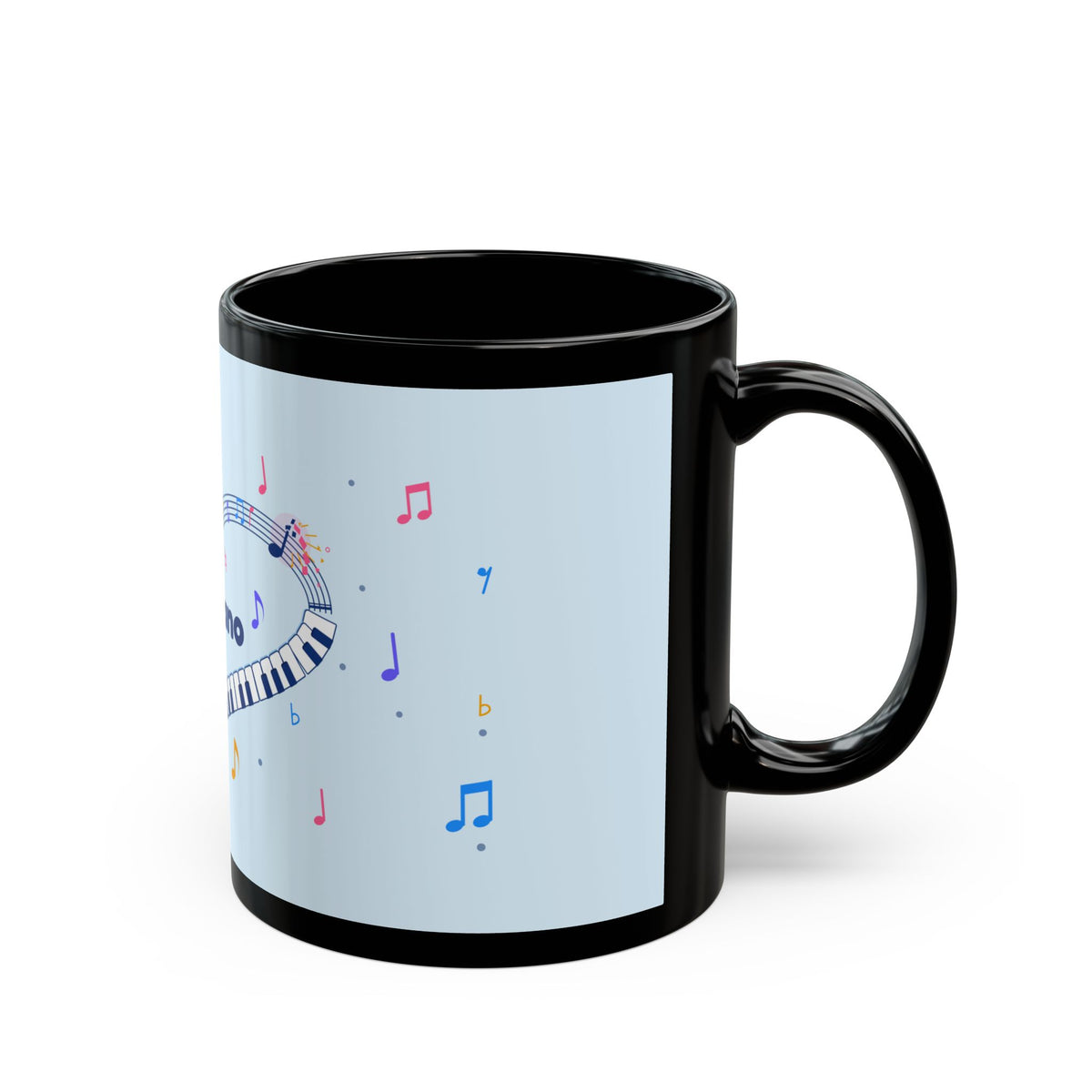 Music-themed Black Mug (11oz, 15oz): 'I love piano' heart - blue