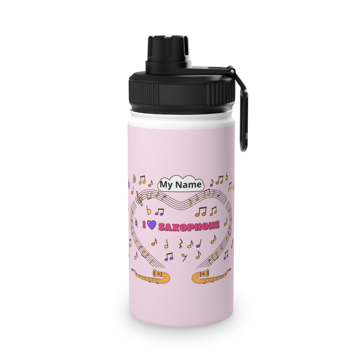 Music-themed Stainless Steel Water Bottle, Sports Lid: 'I love saxophone' - pink
