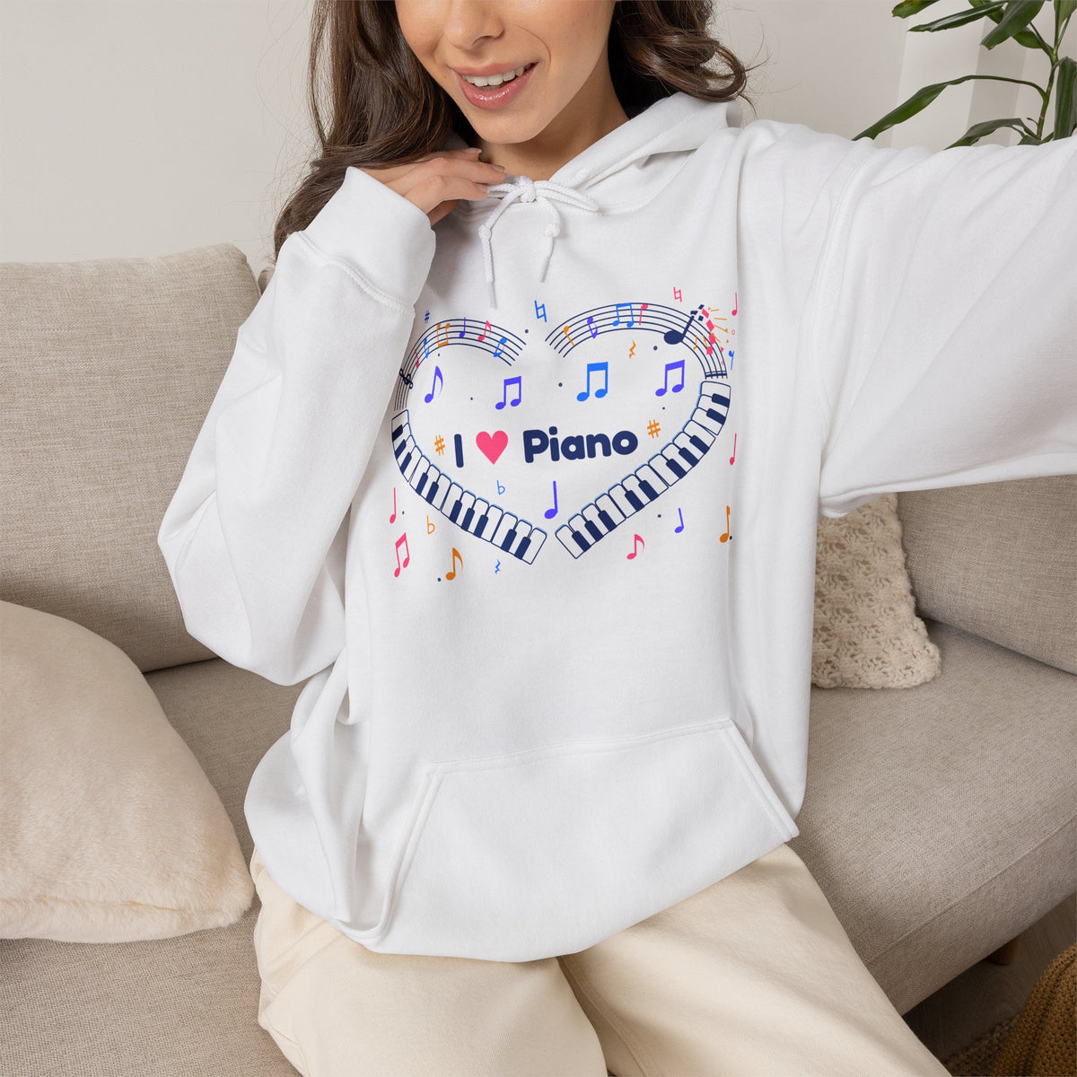 Music-themed Unisex Heavy Blend Hooded Sweatshirt: 'I love piano' heart - blue
