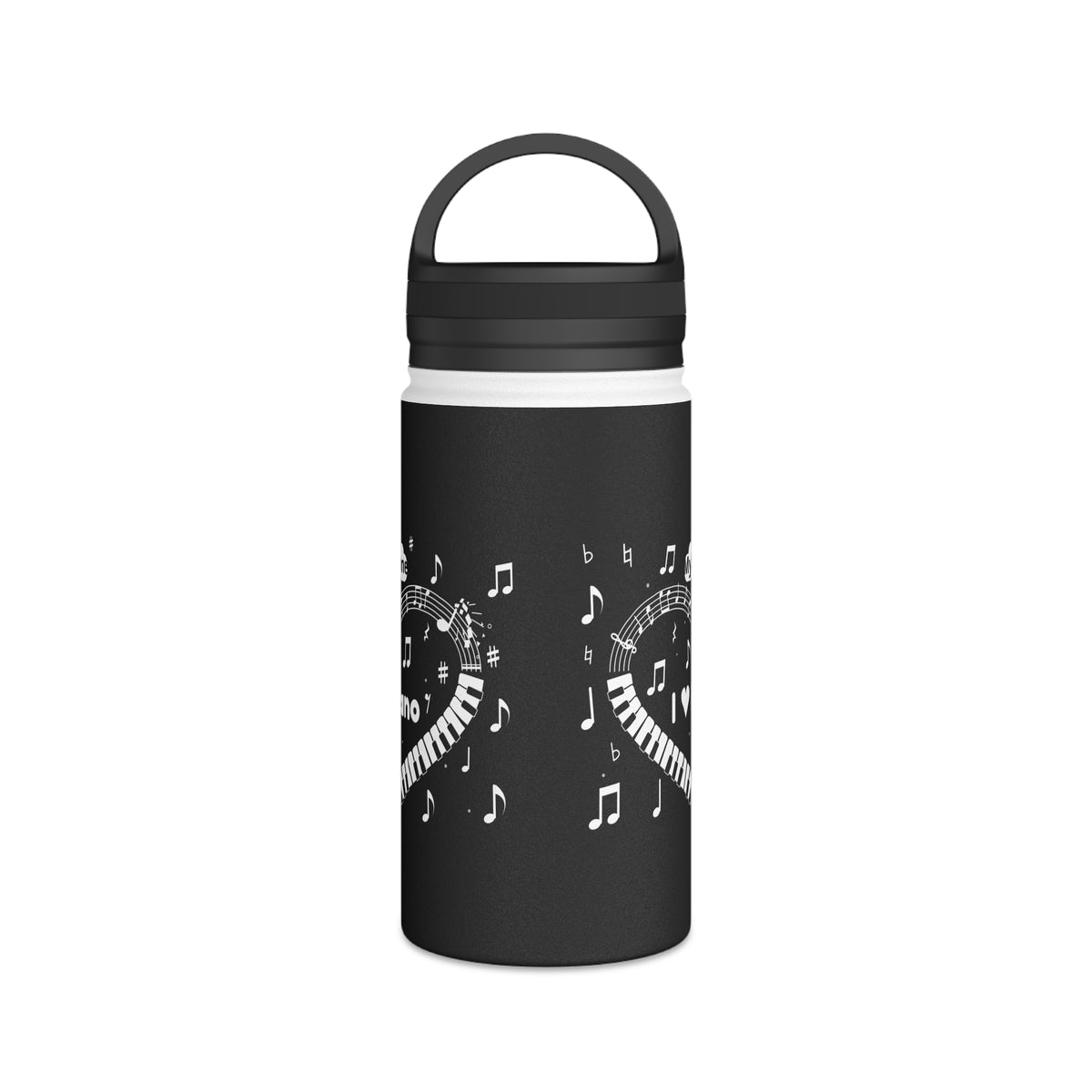 Music-themed Stainless Steel Water Bottle, Handle Lid: 'I love piano' heart - black & white