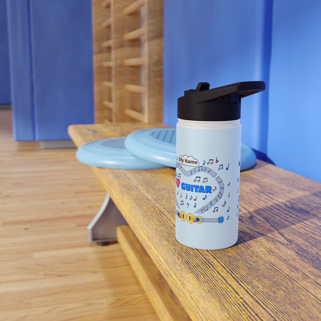 Music-themed Stainless Steel Water Bottle, Standard Lid: 'I love guitar' - blue