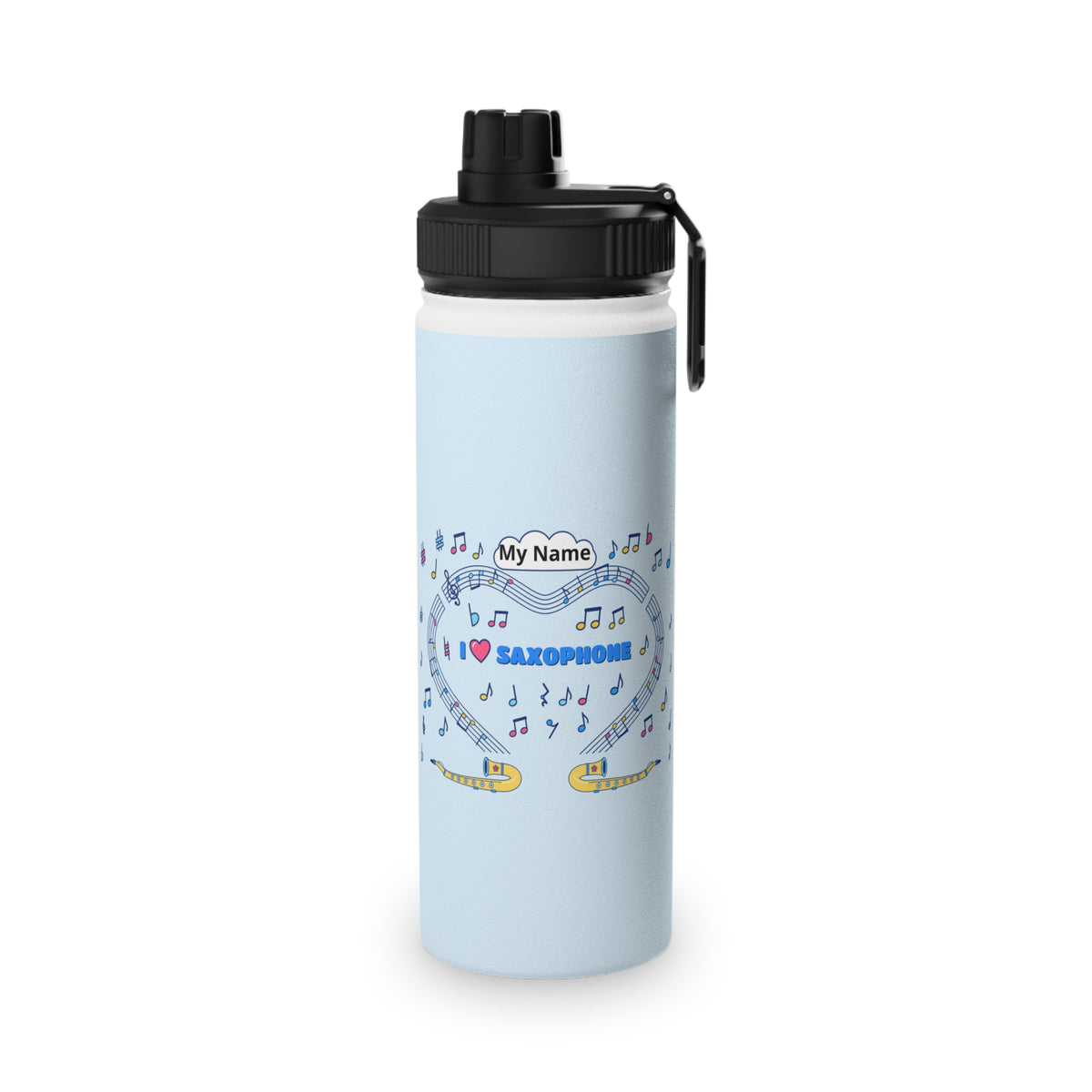 Music-themed Stainless Steel Water Bottle, Sports Lid: 'I love saxophone' - blue