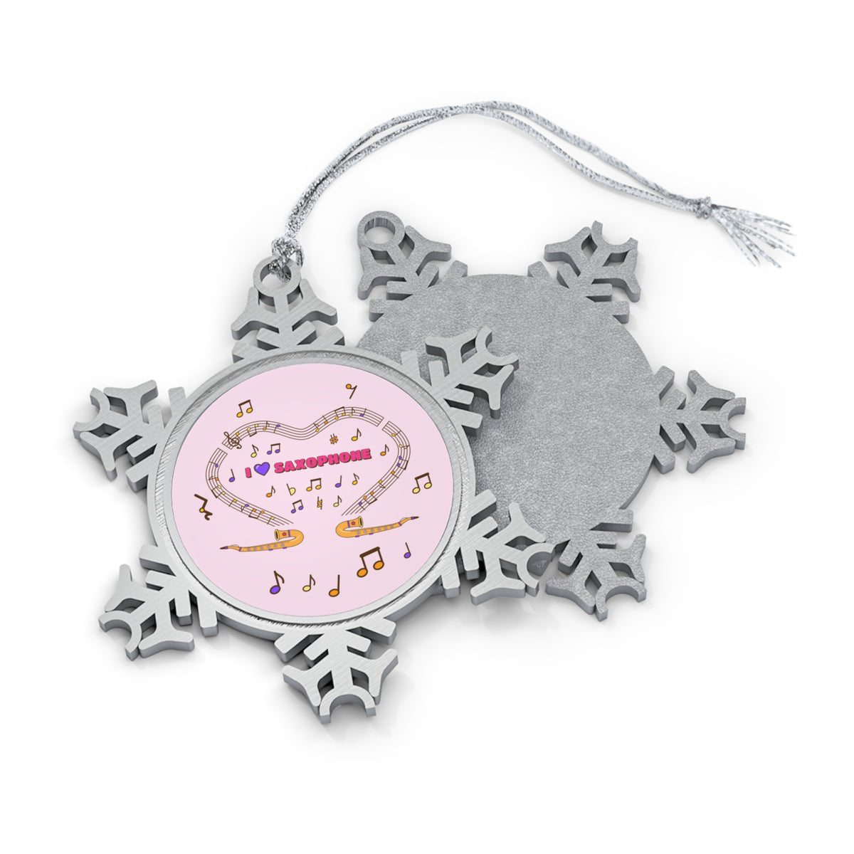 Music-themed Pewter Snowflake Ornament: 'I love saxophone' - pink