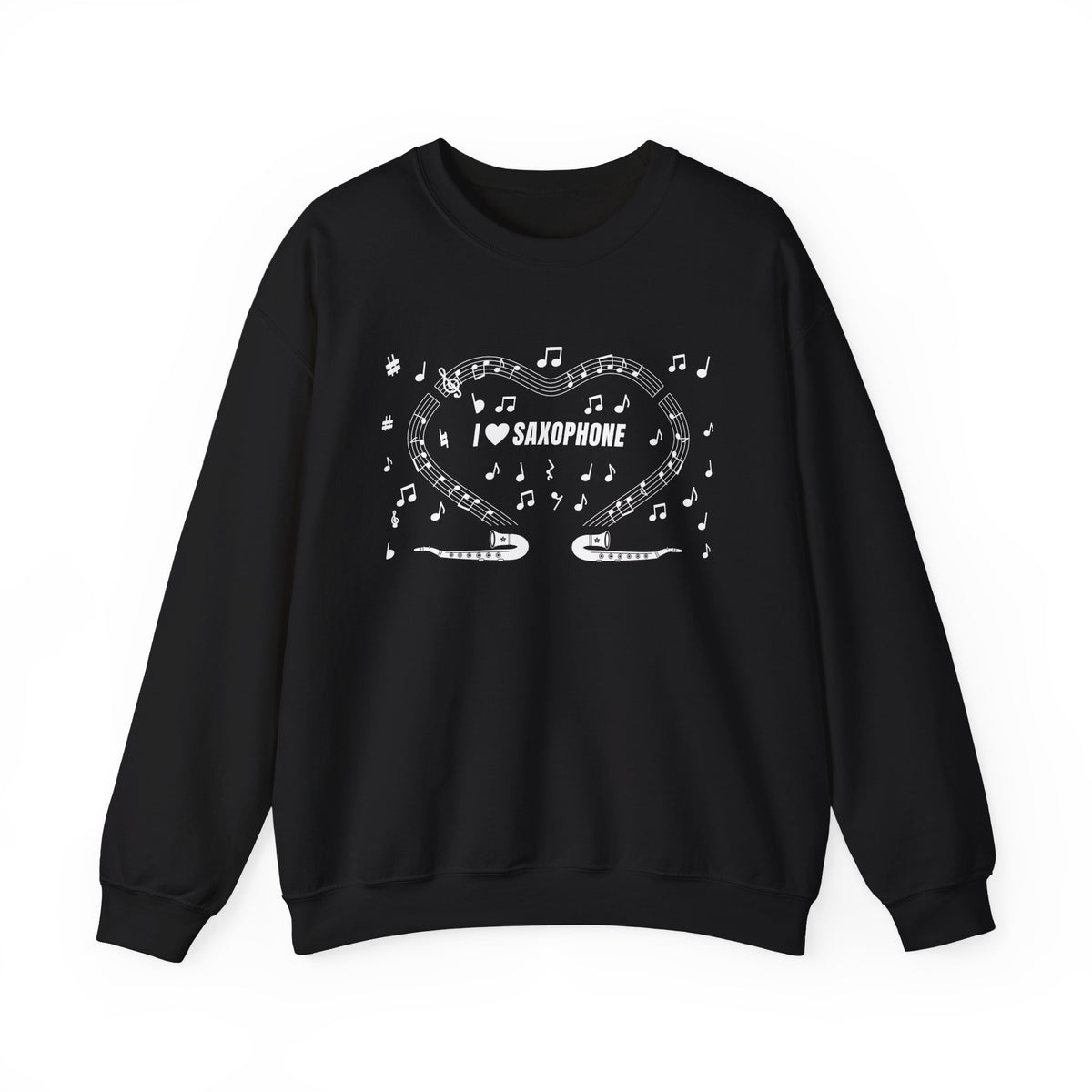 Music-themed Unisex Heavy Blend Crewneck Sweatshirt: 'I love saxophone' - black & white