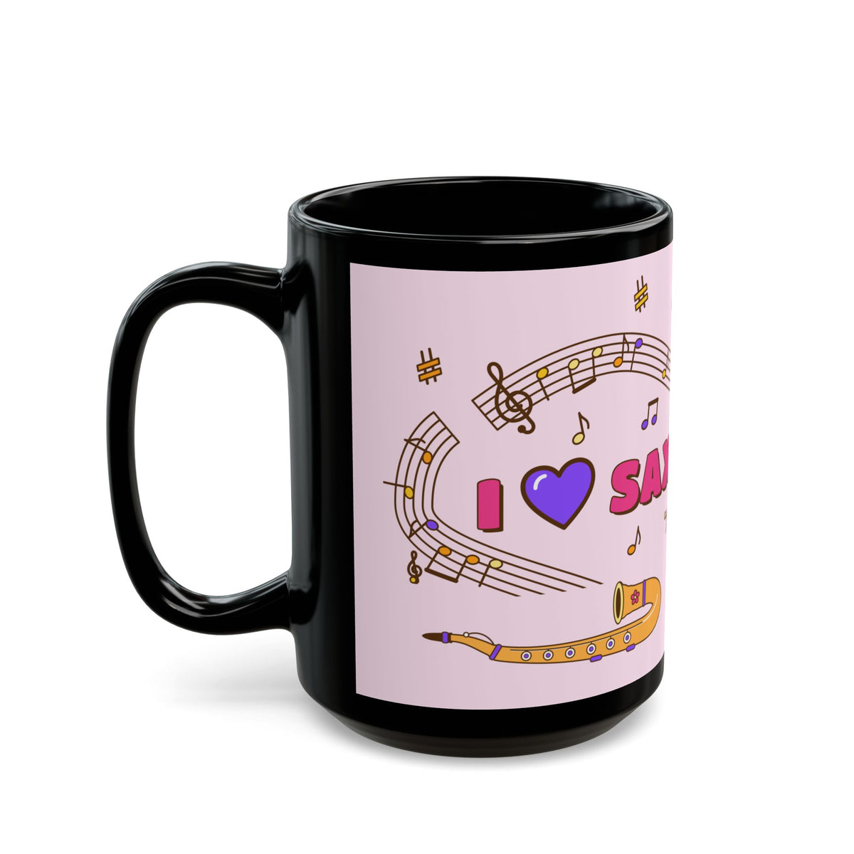 Music-themed Black Mug (11oz, 15oz): 'I love saxophone' - pink