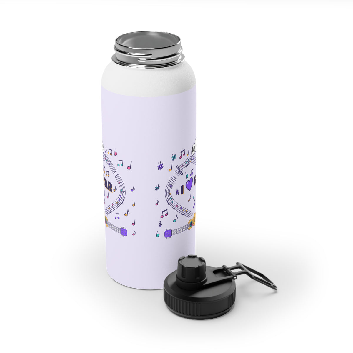 Music-themed Stainless Steel Water Bottle, Sports Lid: 'I love guitar' - violet