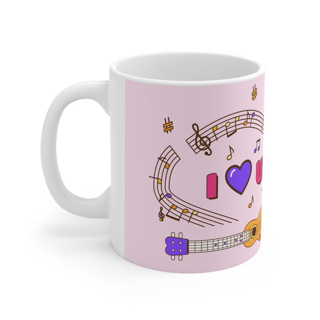 Music-themed Ceramic Mug, 11oz, 15oz: 'I love ukulele' - pink