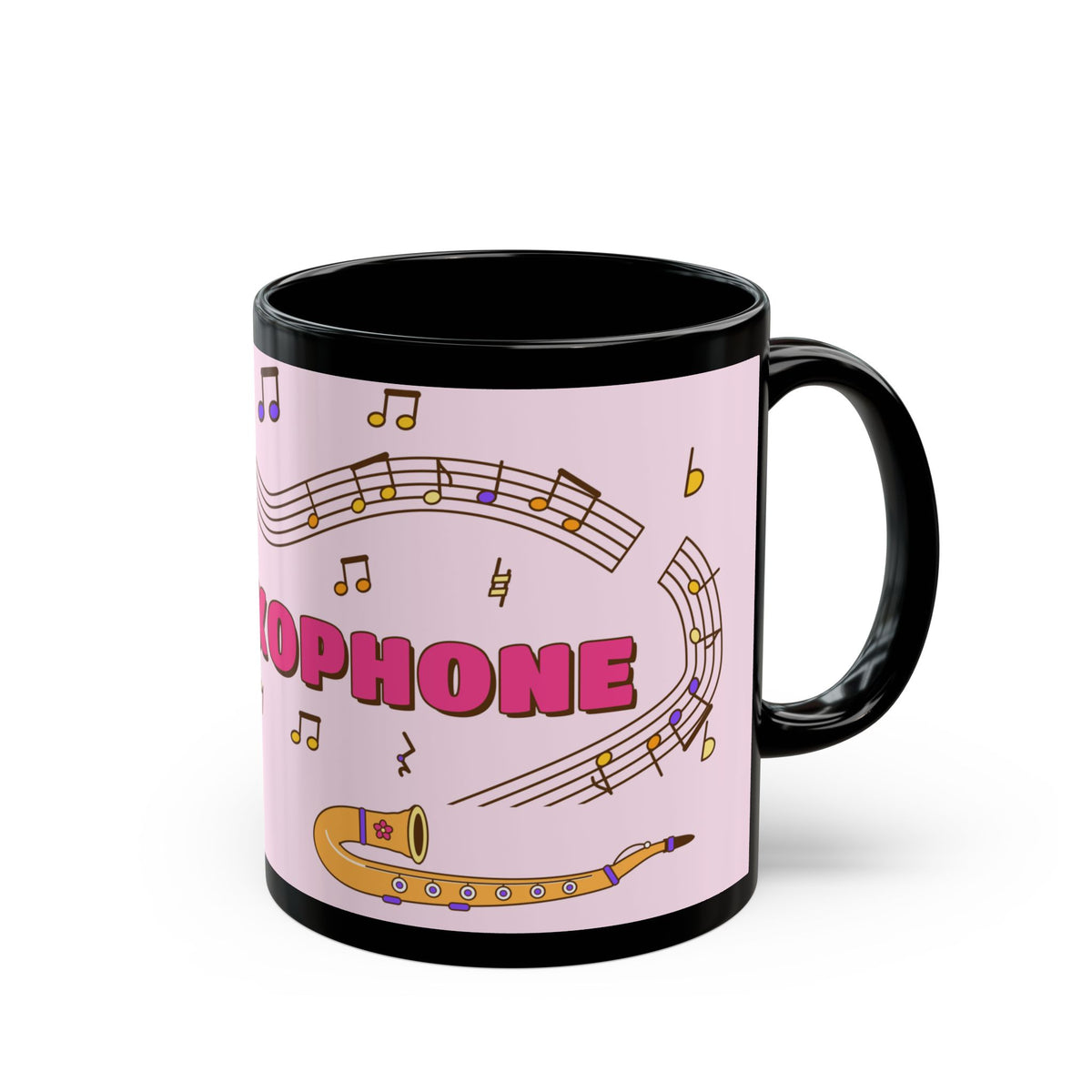 Music-themed Black Mug (11oz, 15oz): 'I love saxophone' - pink