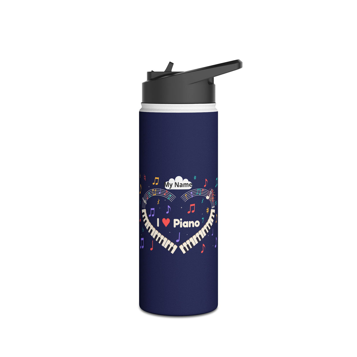 Music-themed Stainless Steel Water Bottle, Standard Lid: 'I love piano' heart - navy