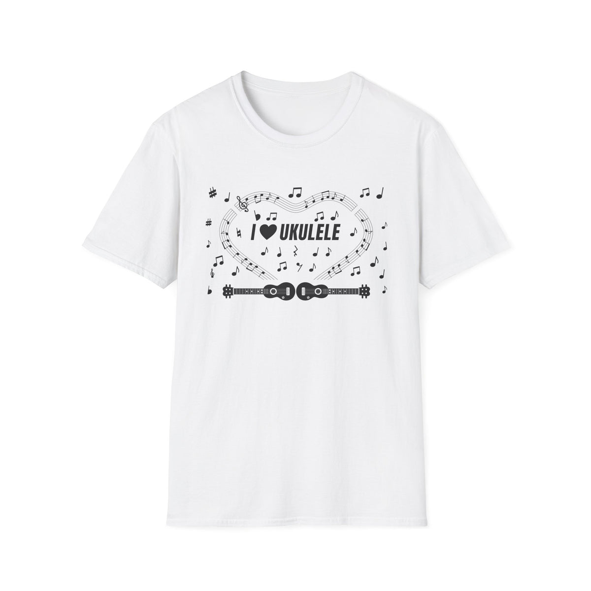 Music-themed Unisex Softstyle T-Shirt: 'I love ukulele' - black on white