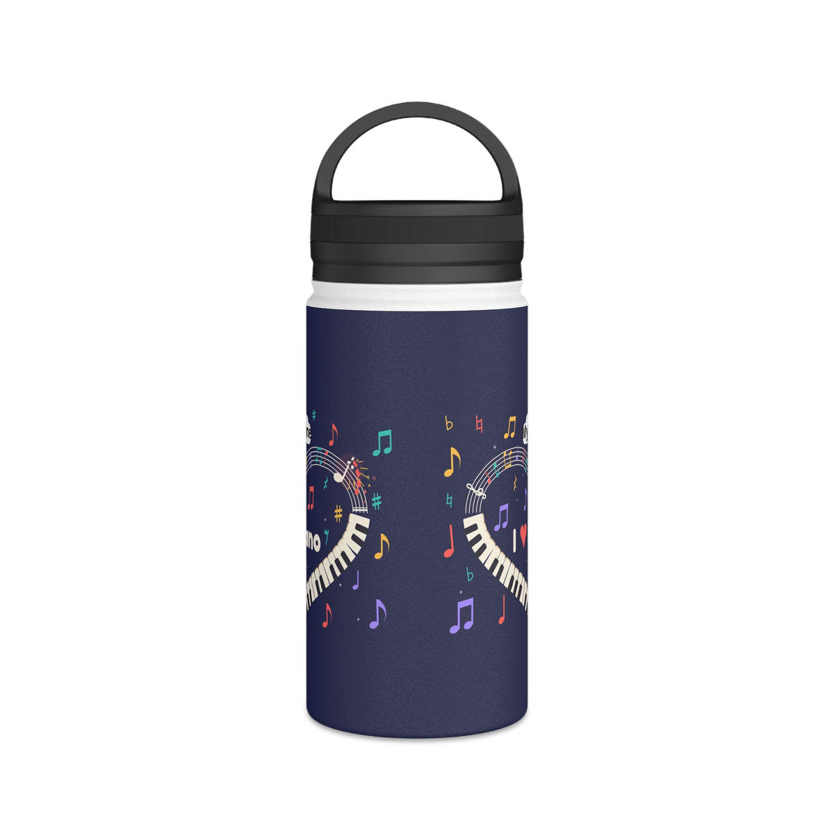 Music-themed Stainless Steel Water Bottle, Handle Lid: 'I love piano' heart - navy