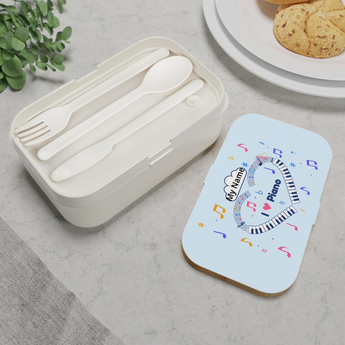 Music-themed Bento Lunch Box: 'I love piano' heart - blue