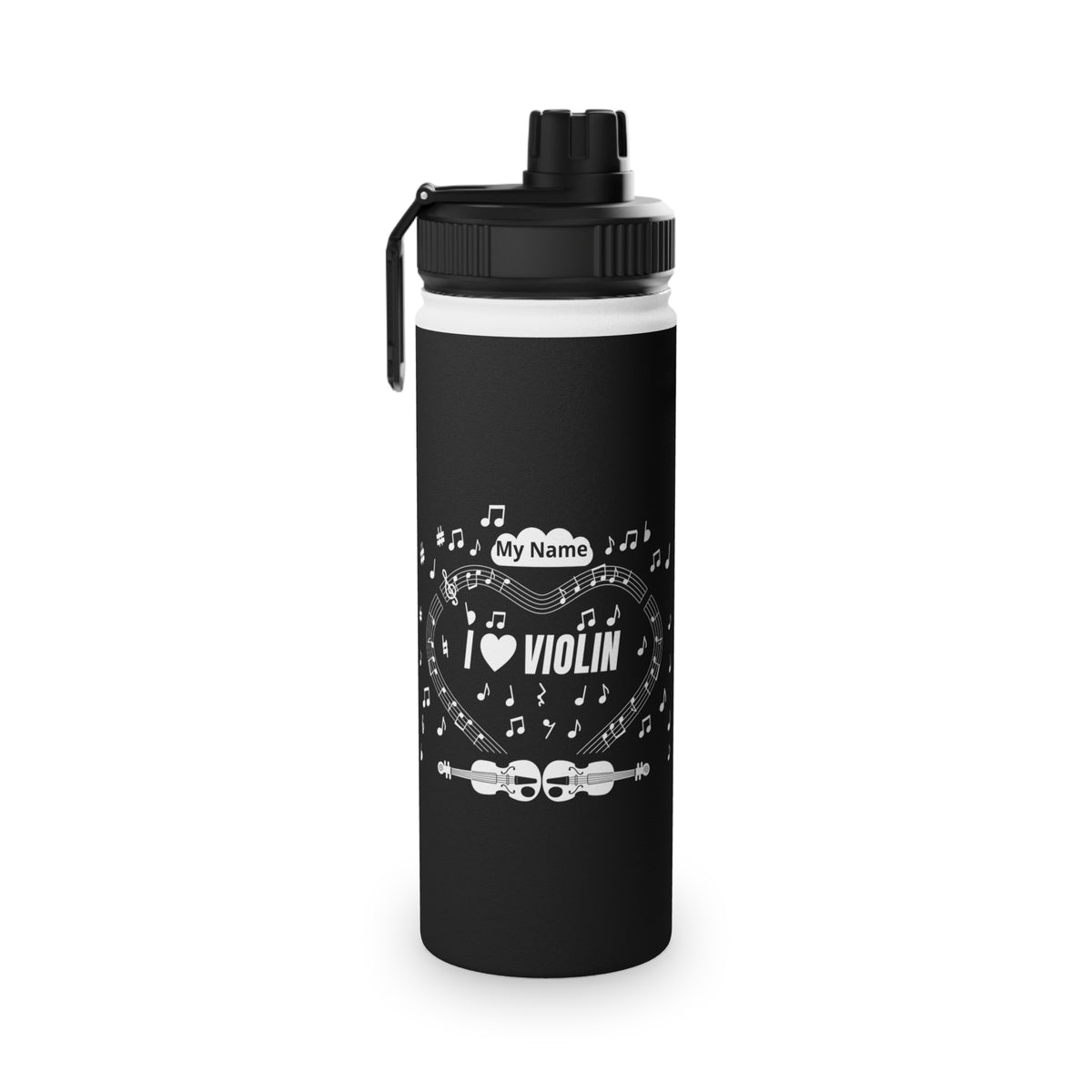 Music-themed Stainless Steel Water Bottle, Sports Lid: 'I love violin' - black & white