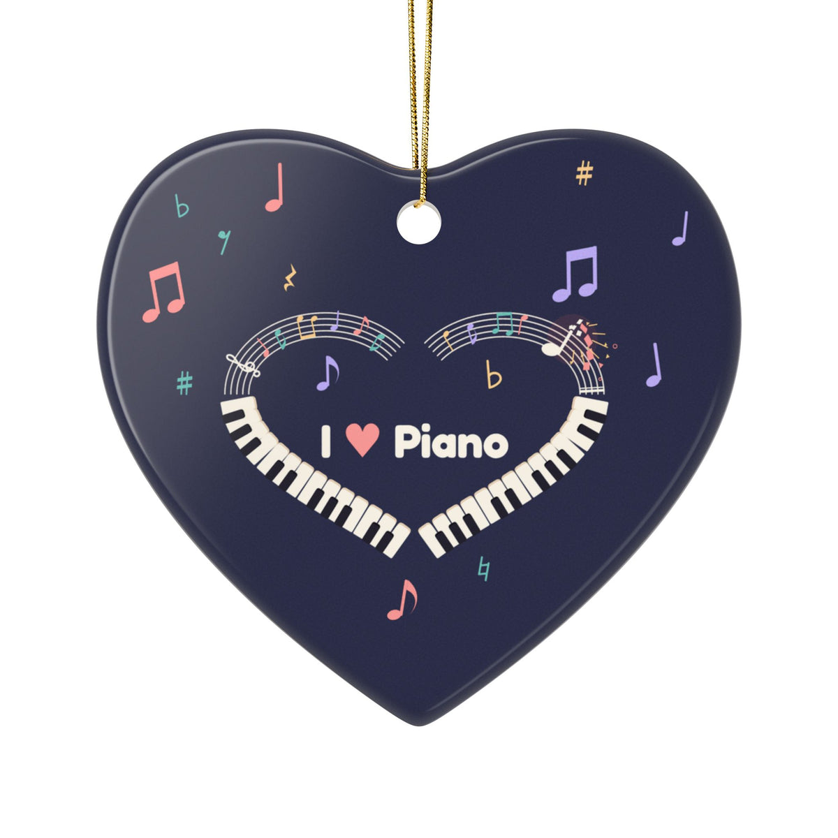 Music-themed Ceramic Ornaments, 1-Side Print: 'I love piano' heart - navy