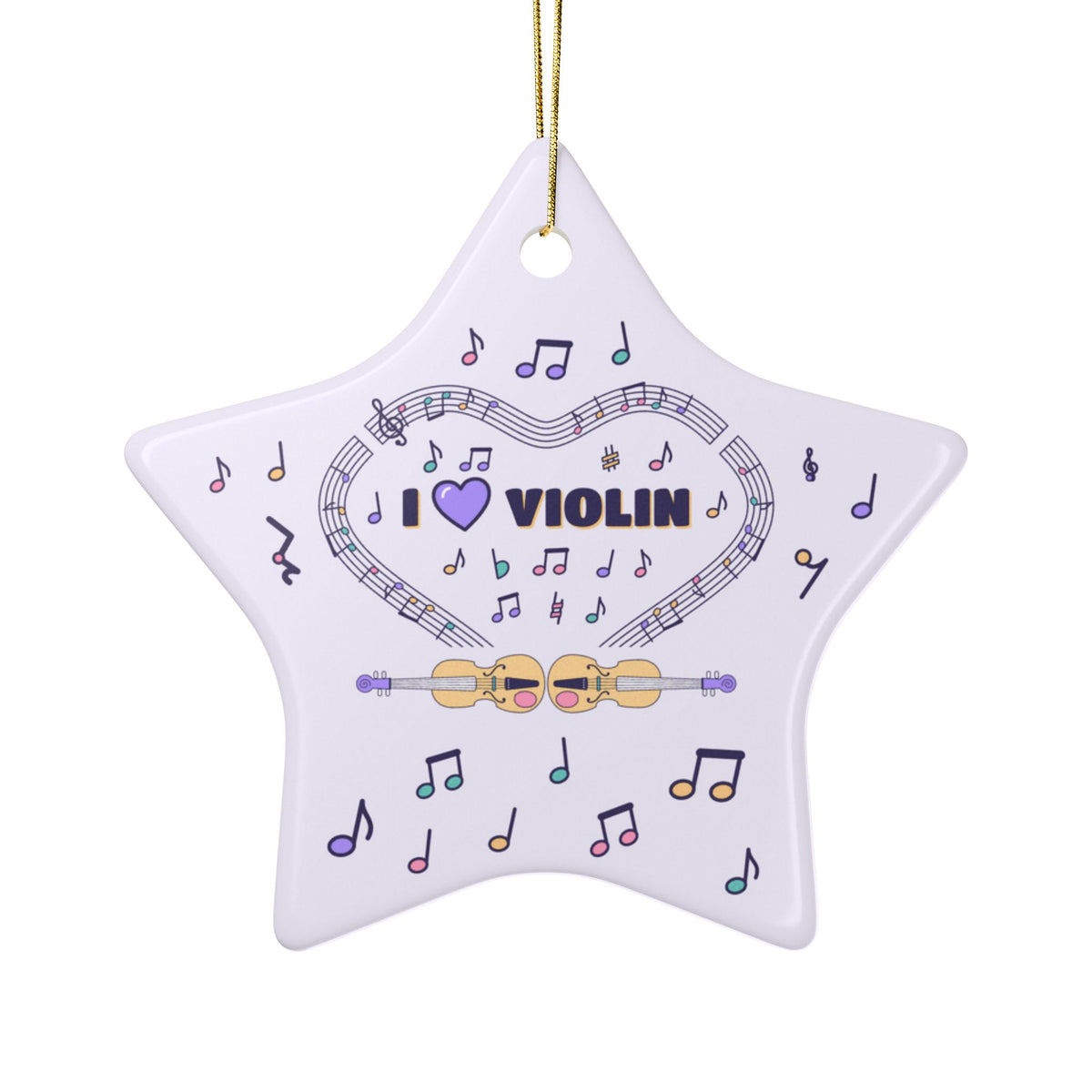 Music-themed Ceramic Ornaments, 1-Side Print: 'I love violin' - violet