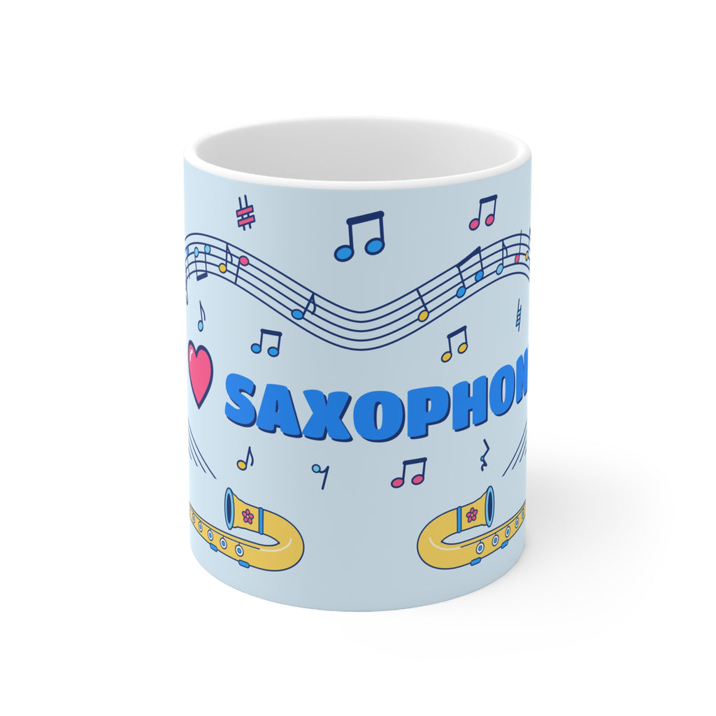 Music-themed Ceramic Mug, 11oz, 15oz: 'I love saxophone' - blue