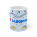 Music-themed Ceramic Mug, 11oz, 15oz: 'I love saxophone' - blue