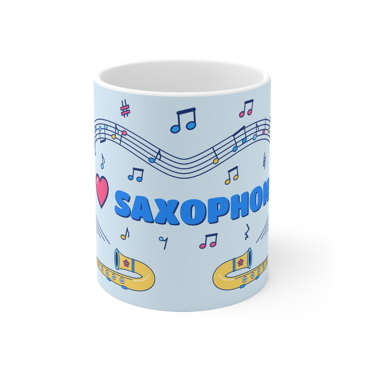 Music-themed Ceramic Mug, 11oz, 15oz: 'I love saxophone' - blue