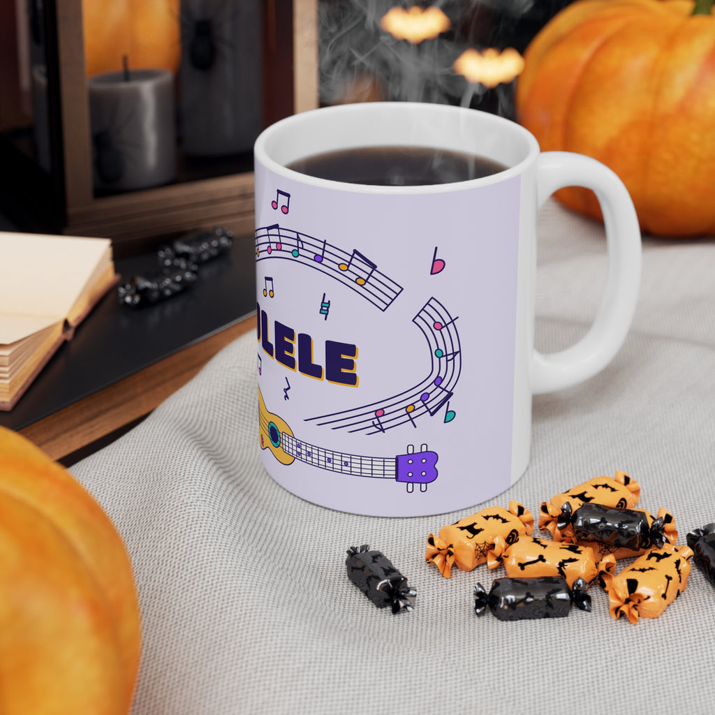 Music-themed Ceramic Mug, 11oz, 15oz: 'I love ukulele' - violet