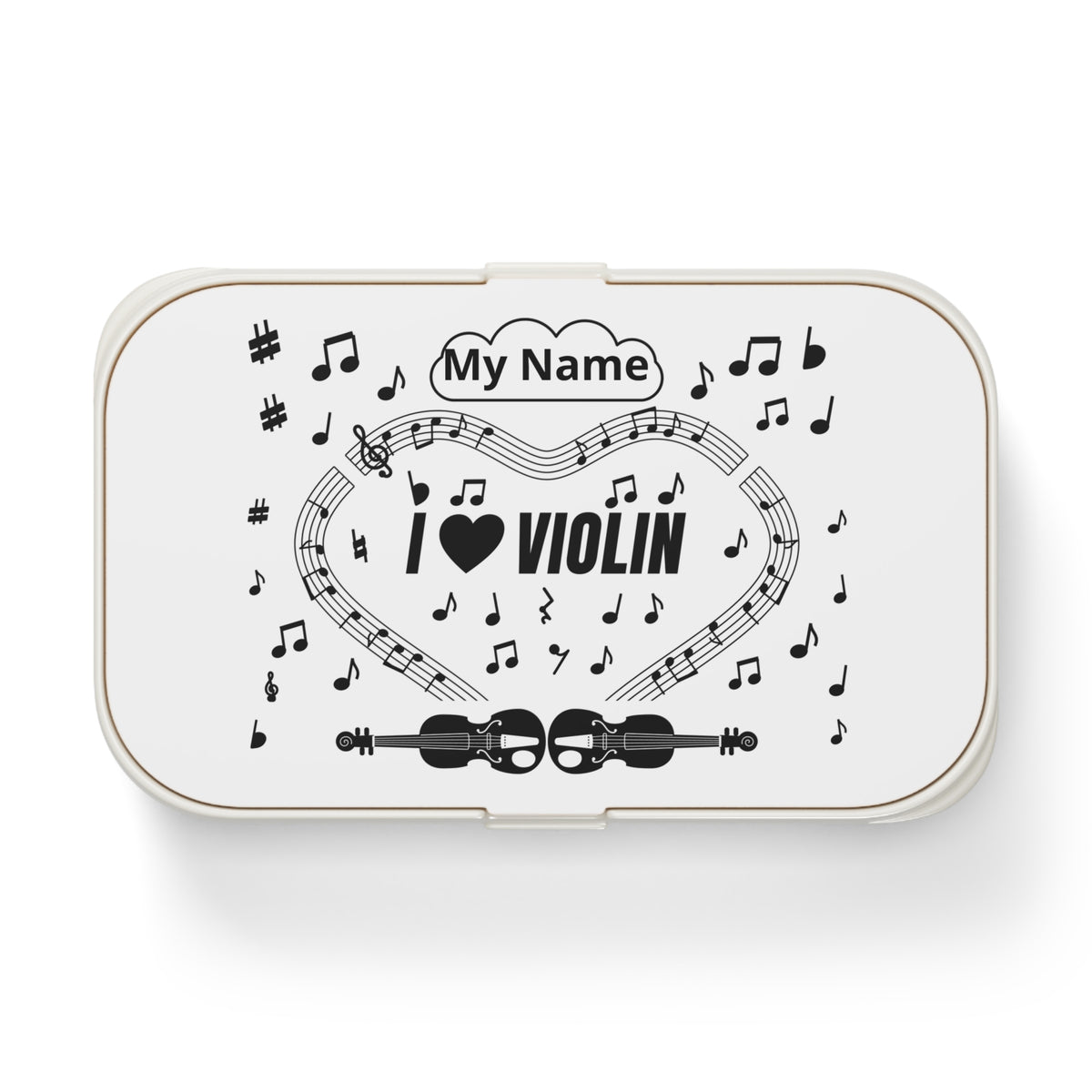 Music-themed Bento Lunch Box: 'I love violin' - black on white