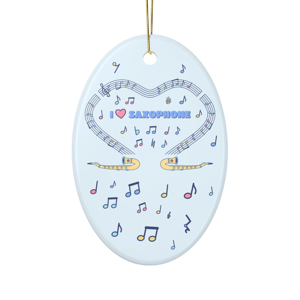 Music-themed Ceramic Ornaments, 2-Side Print: 'I love saxophone' - blue