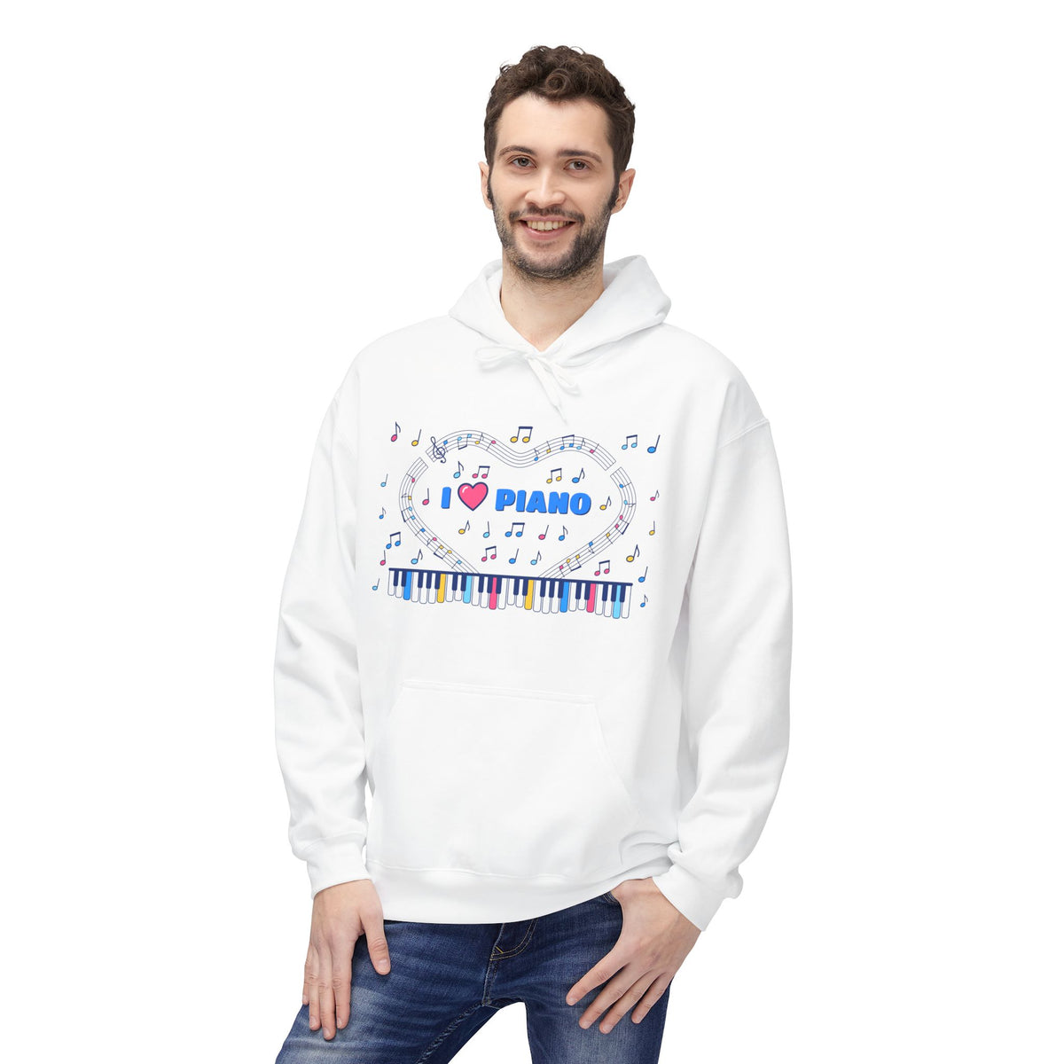 Music-themed Unisex Midweight Softstyle Fleece Hoodie: 'I love piano' - blue