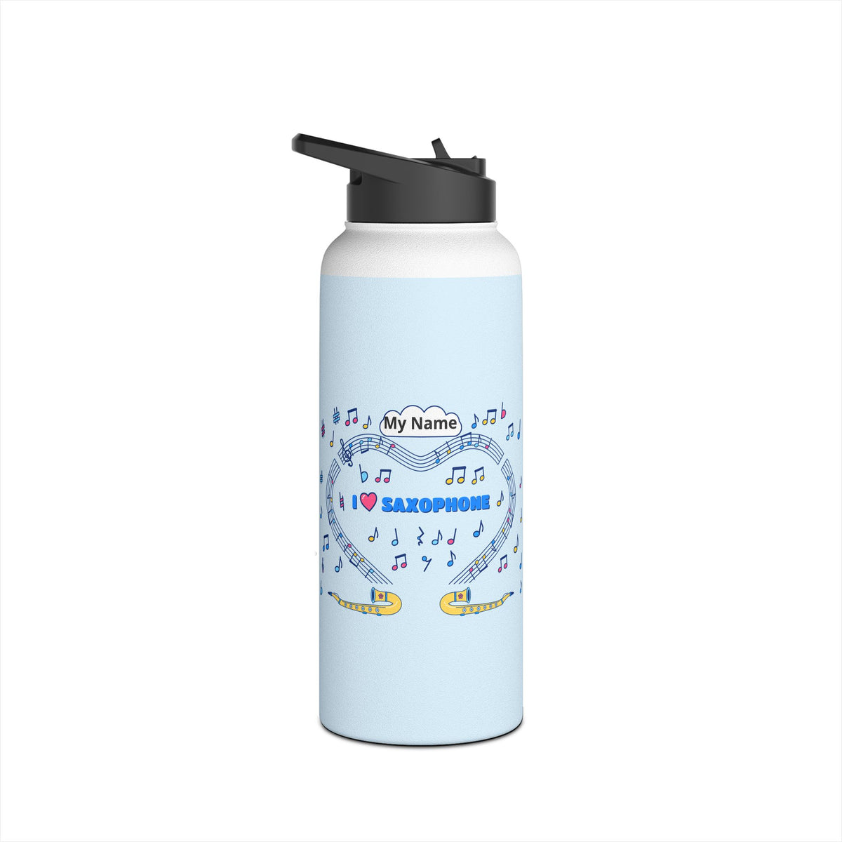 Music-themed Stainless Steel Water Bottle, Standard Lid: 'I love saxophone' - blue