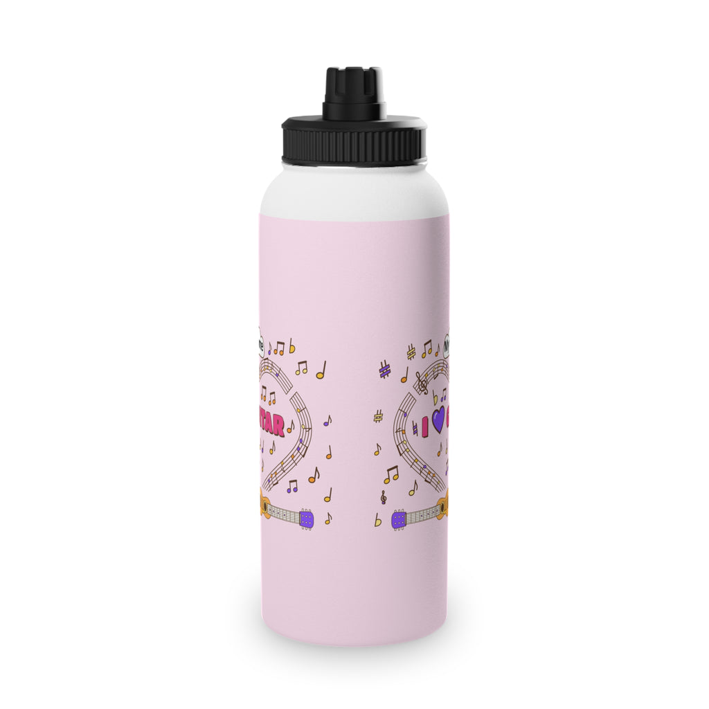 Music-themed Stainless Steel Water Bottle, Sports Lid: 'I love guitar' - pink