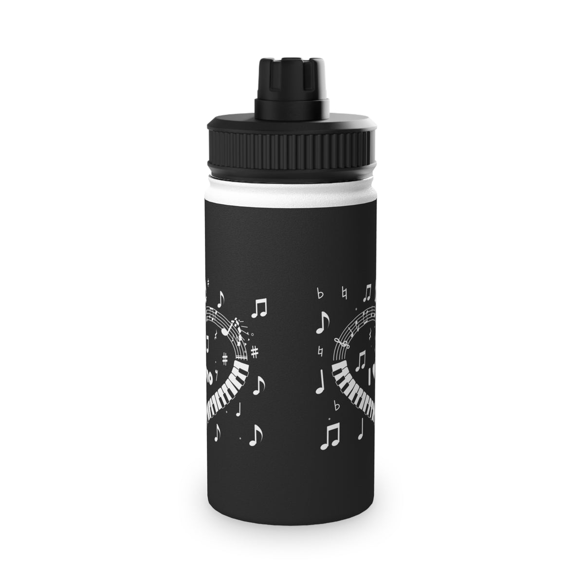 Music-themed Stainless Steel Water Bottle, Sports Lid: 'I love piano' heart - black & white