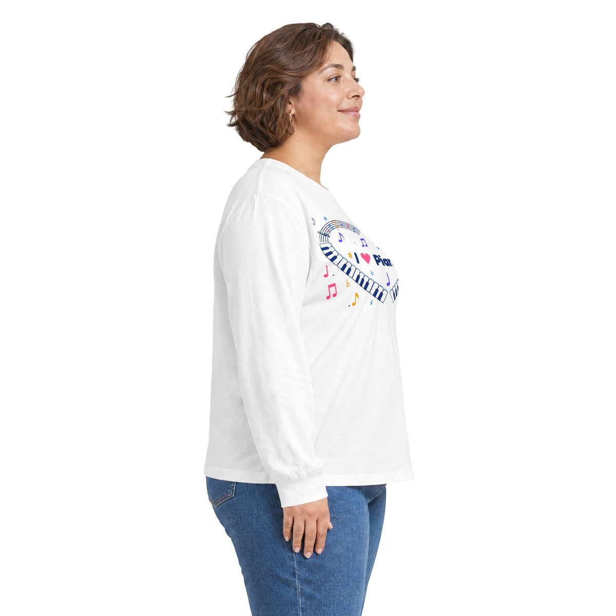 Music-themed Unisex Ultra Cotton Long Sleeve Tee: 'I love piano' heart - blue