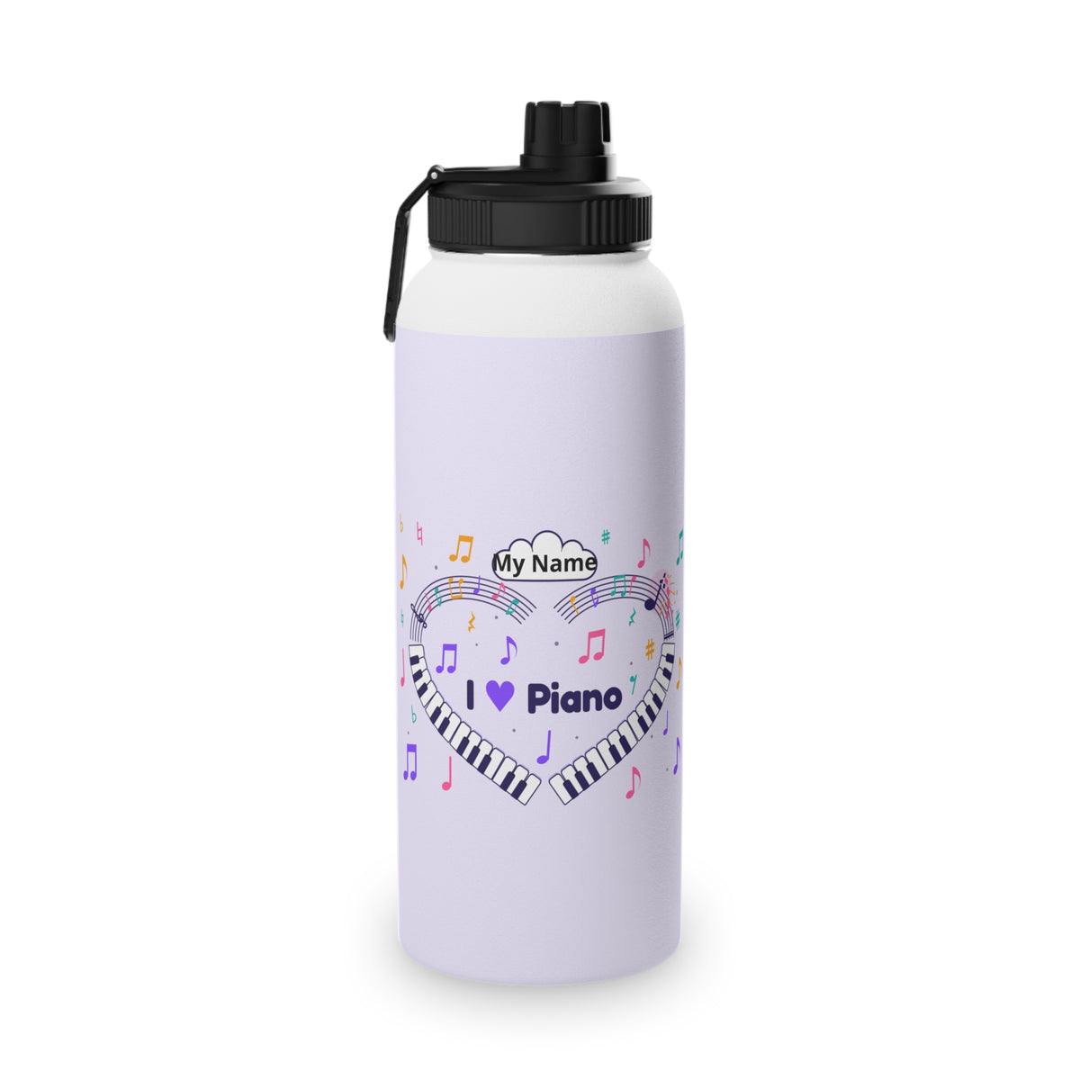 Music-themed Stainless Steel Water Bottle, Sports Lid: 'I love piano' heart - violet