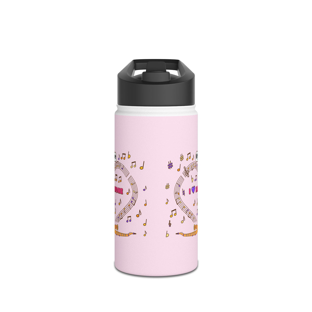 Music-themed Stainless Steel Water Bottle, Standard Lid: 'I love saxophone' - pink