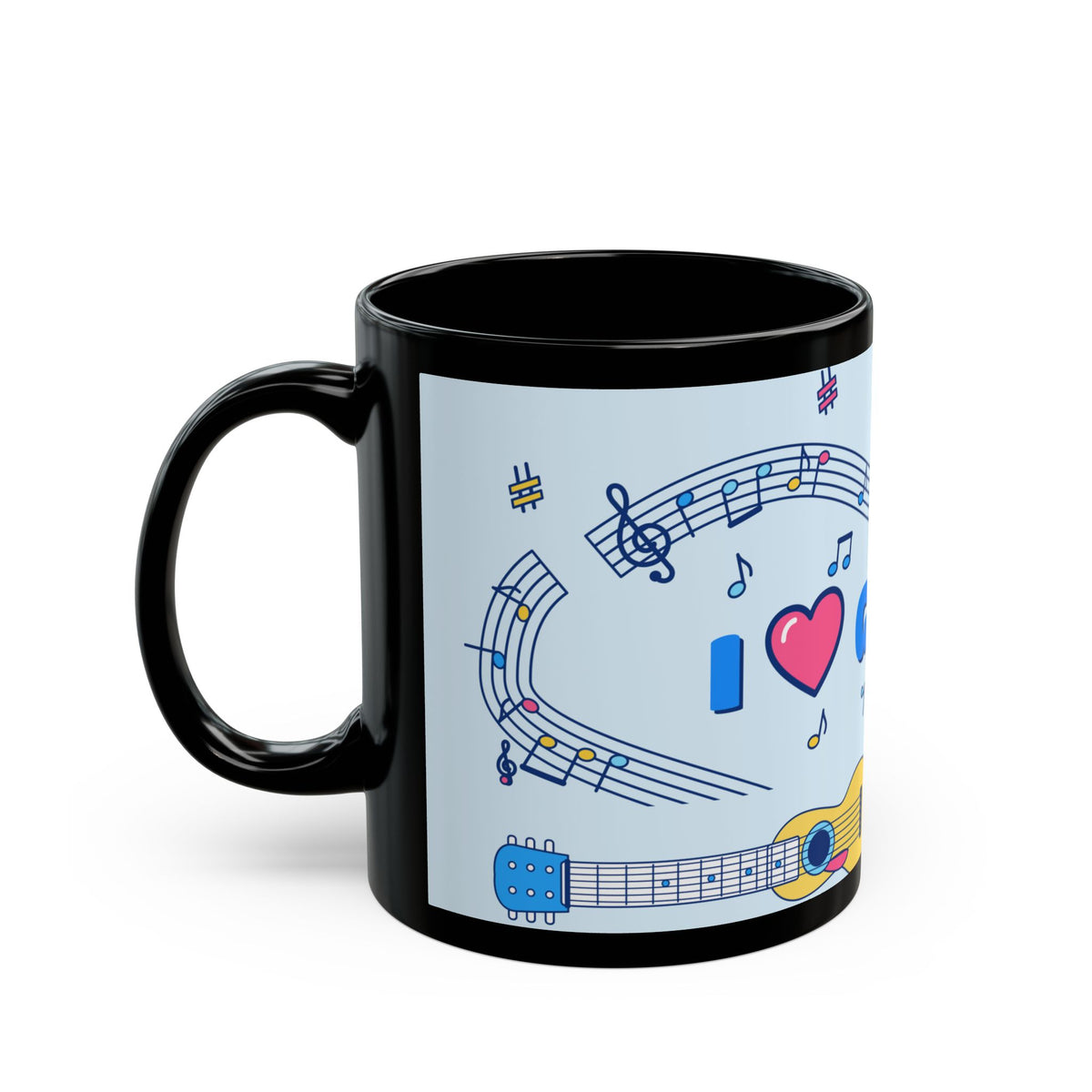 Music-themed Black Mug (11oz, 15oz): 'I love guitar' - blue